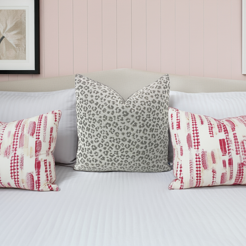 Designer Leopard Print Throw Pillows in Taupe