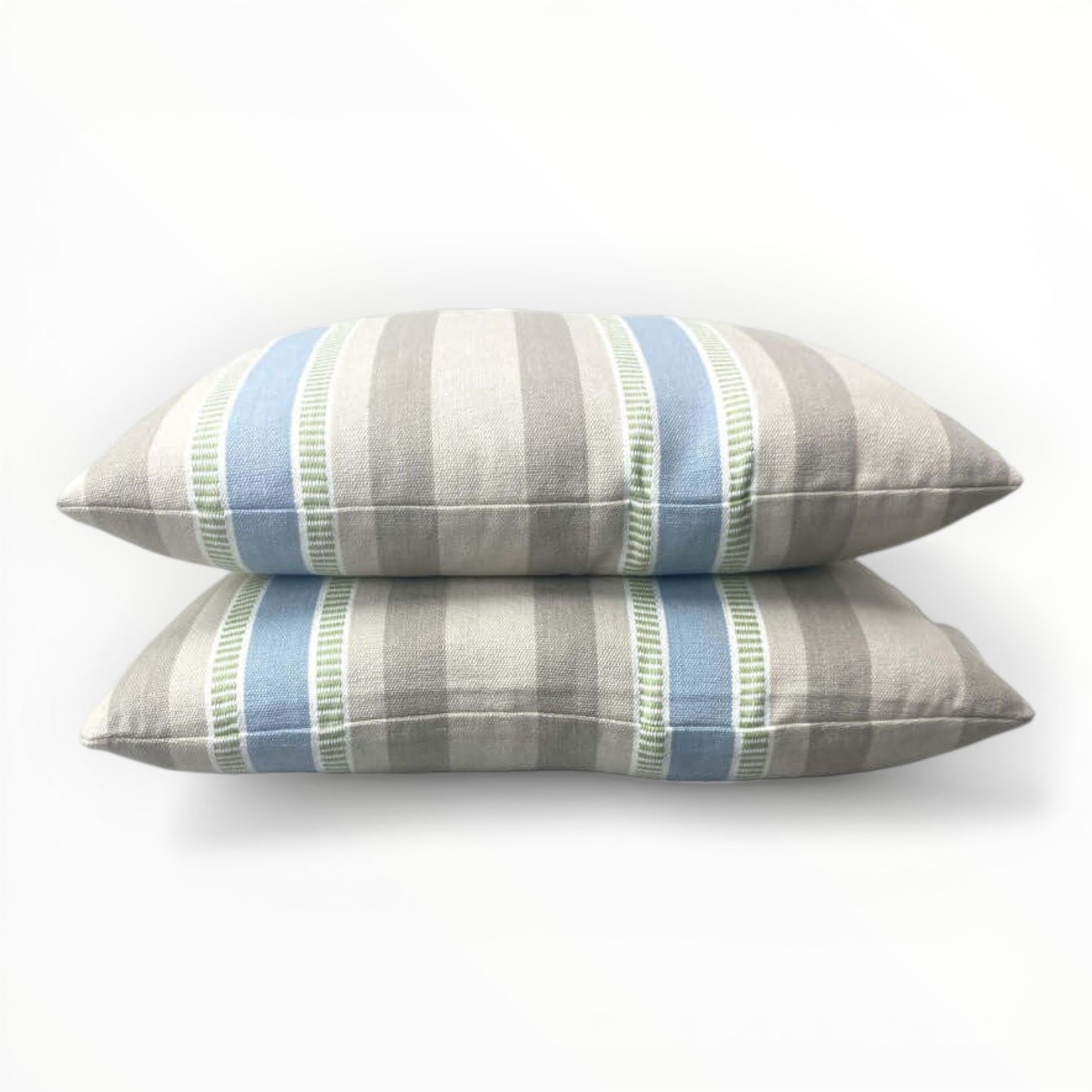 taupe and blue striped throw pillow with textured woven design