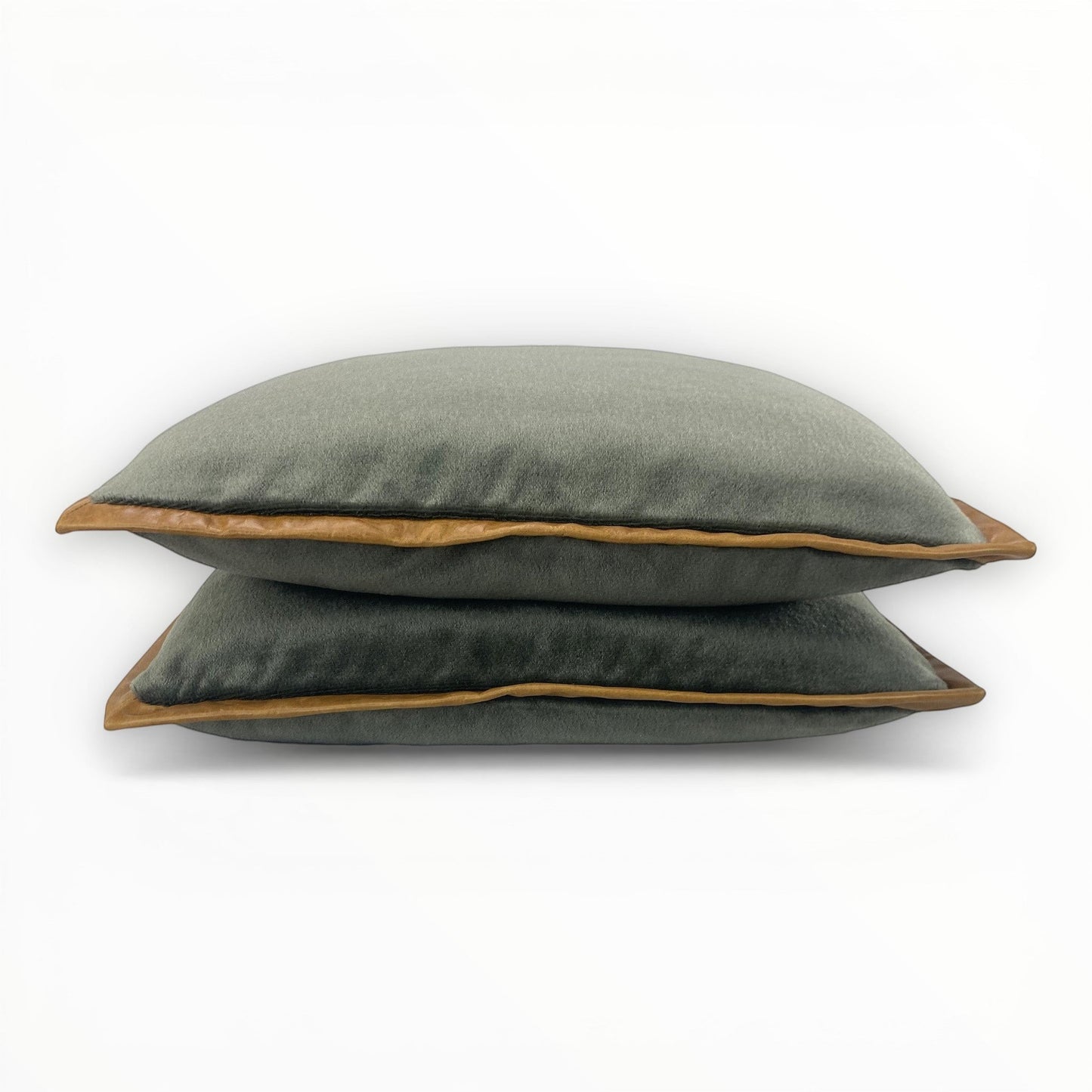 olive green velvet pillow with leather border detail