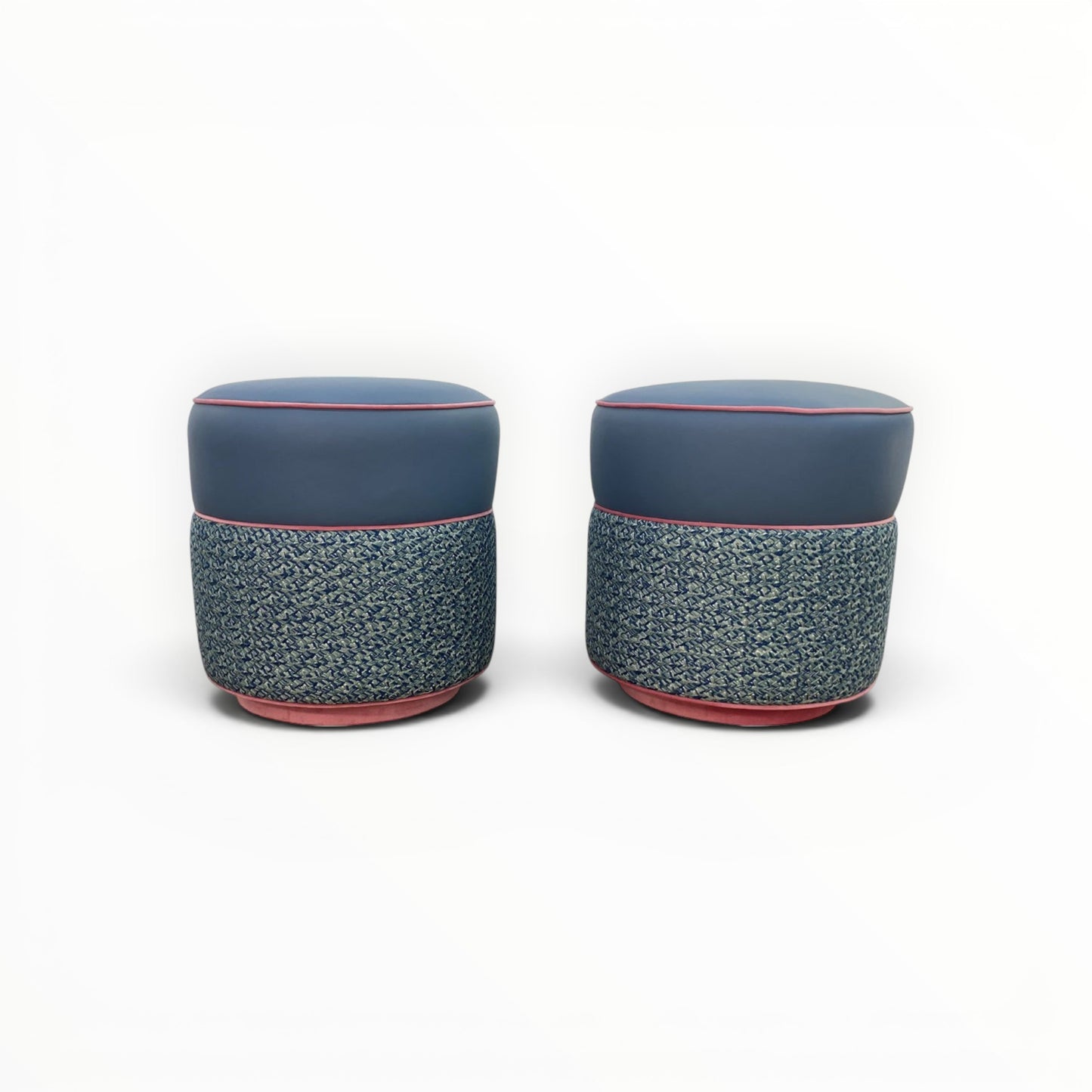 Pair of Pillowfina Ottoman/Stools with Moore & Giles Cavalier leather in Slate Blue and Kravet Couture Lacing fabric in Peacock