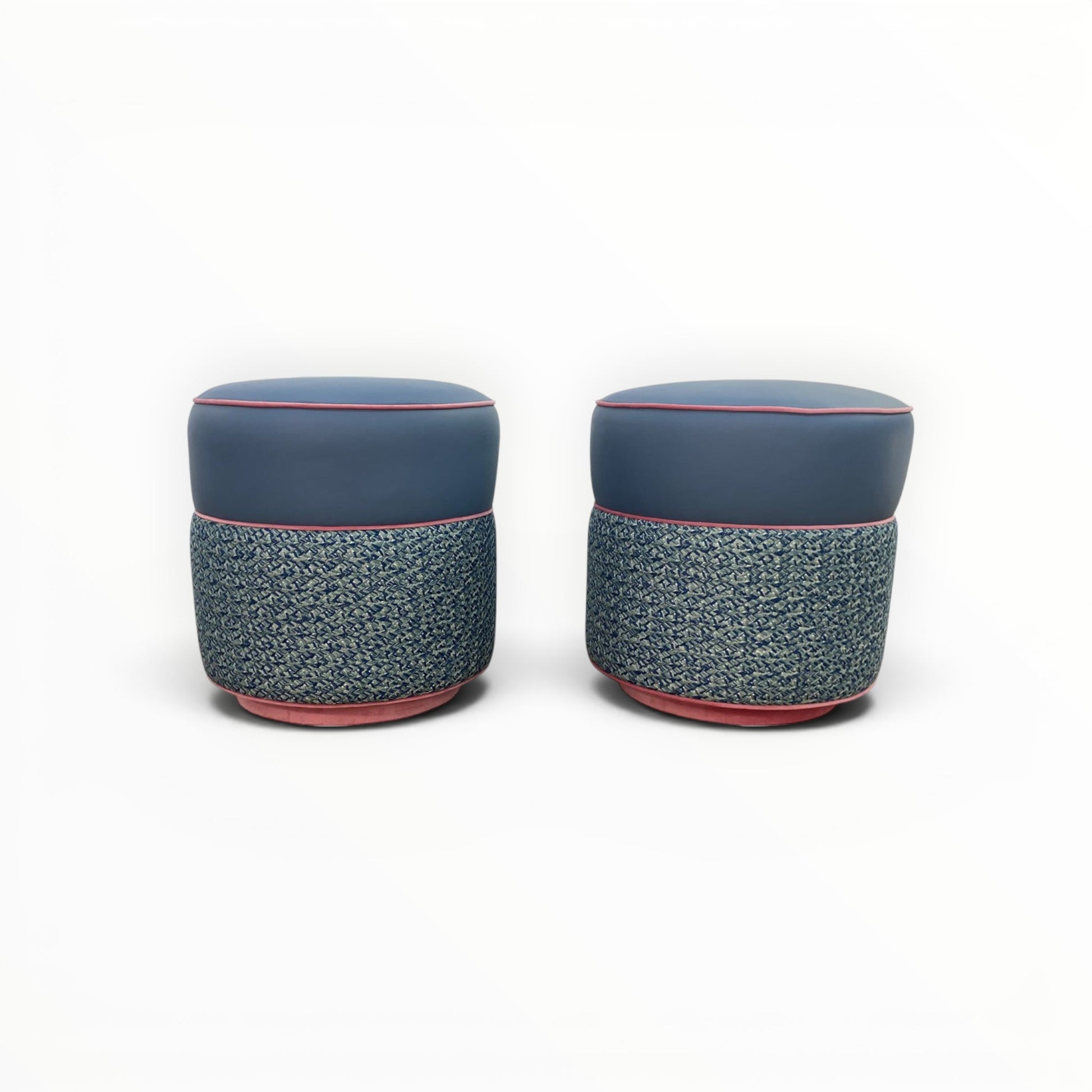 Pair of Pillowfina Ottoman/Stools with Moore & Giles Cavalier leather in Slate Blue and Kravet Couture Lacing fabric in Peacock