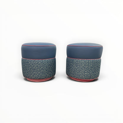 Pair of Pillowfina Ottoman/Stools with Moore & Giles Cavalier leather in Slate Blue and Kravet Couture Lacing fabric in Peacock