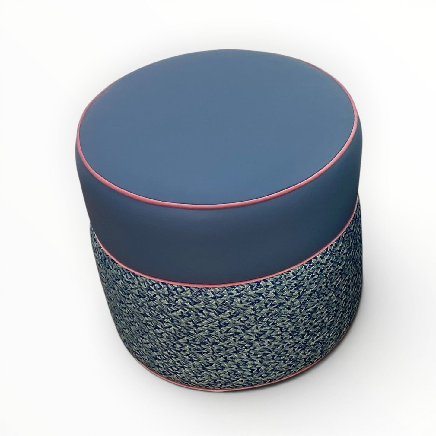 Pillowfina Ottoman/Stool with Moore & Giles Cavalier leather in Slate Blue and Kravet Couture Lacing fabric in Peacock