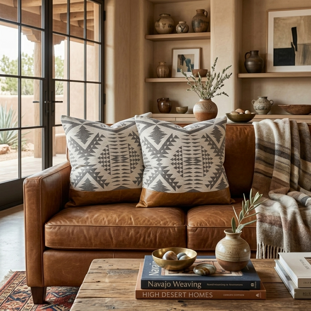 Sunbrella + Pendleton Diamond River II Pillow in Fawn with Saddle Leather Accent