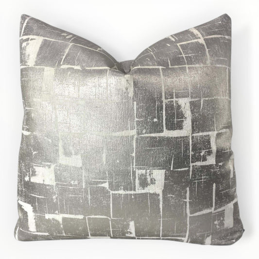 abstract grid throw pillow cover in silver and ivory tones