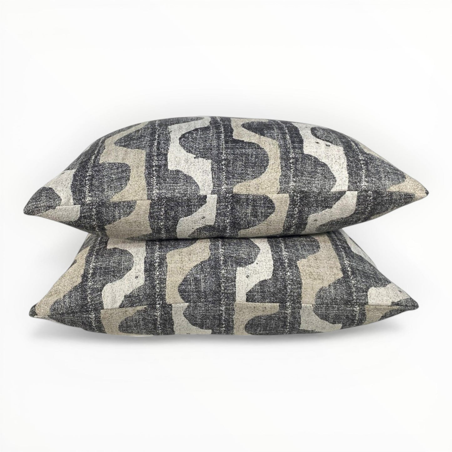 abstract neutral designer accent pillow in charcoal and flax