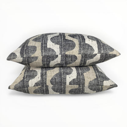 abstract neutral designer accent pillow in charcoal and flax