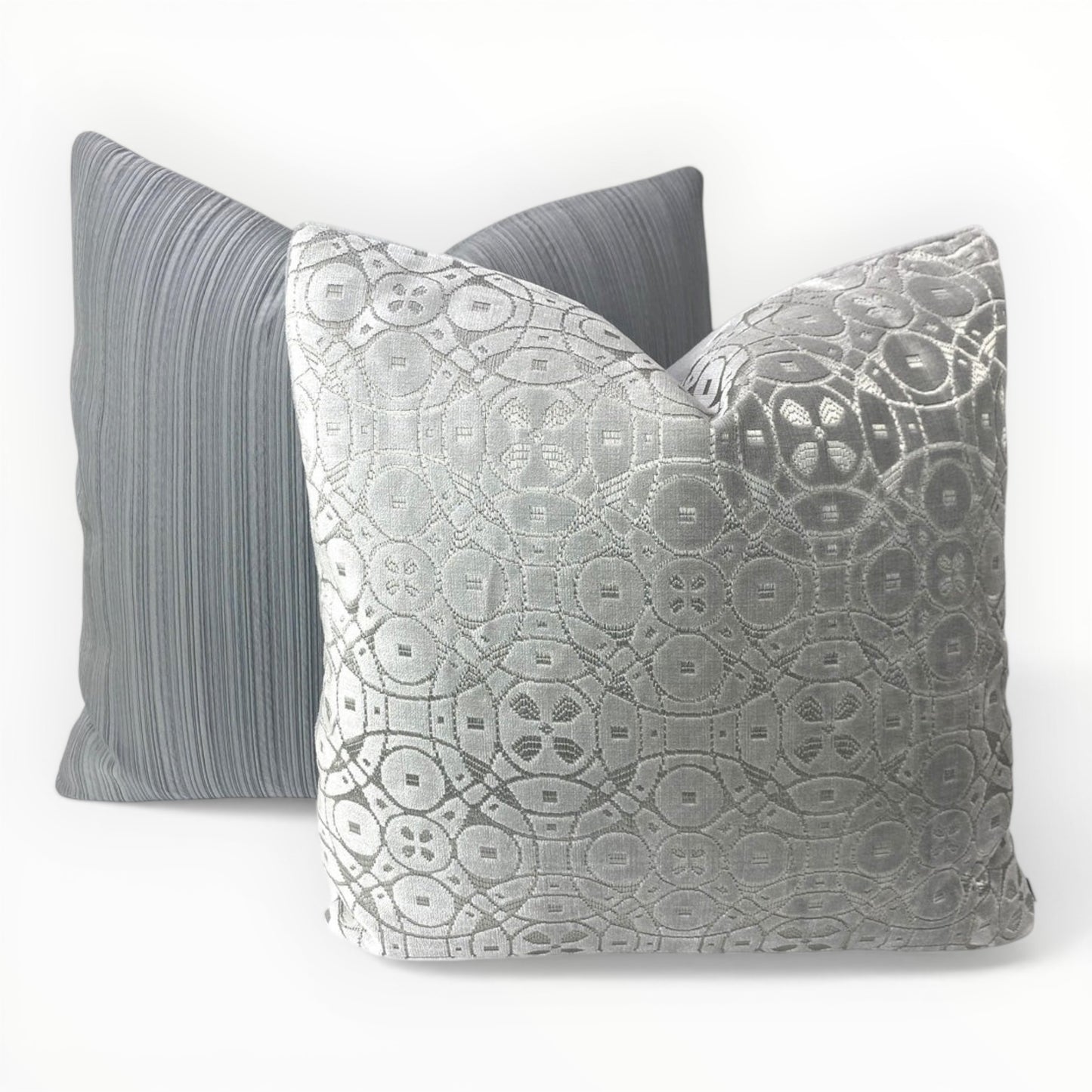 Armani Casa Swiss Pewter throw pillows pair well with Schumacher Zodiac