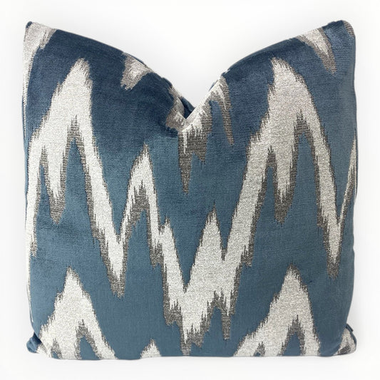 bluesteel flamestitch velvet throw pillow cover on neutral sofa
