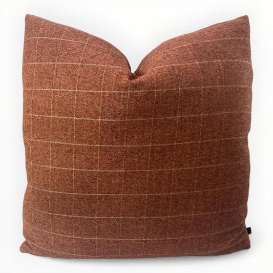 burnt orange windowpane throw pillow cover with gold corduroy back