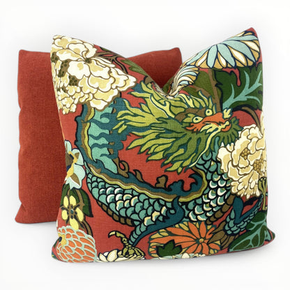 Chiang Mai Dragon in Lacquer pairs well with Brick Chenille throw pillow