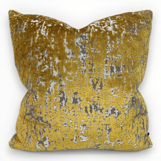 cowtan and tout halcyon gold velvet throw pillow cover on sofa