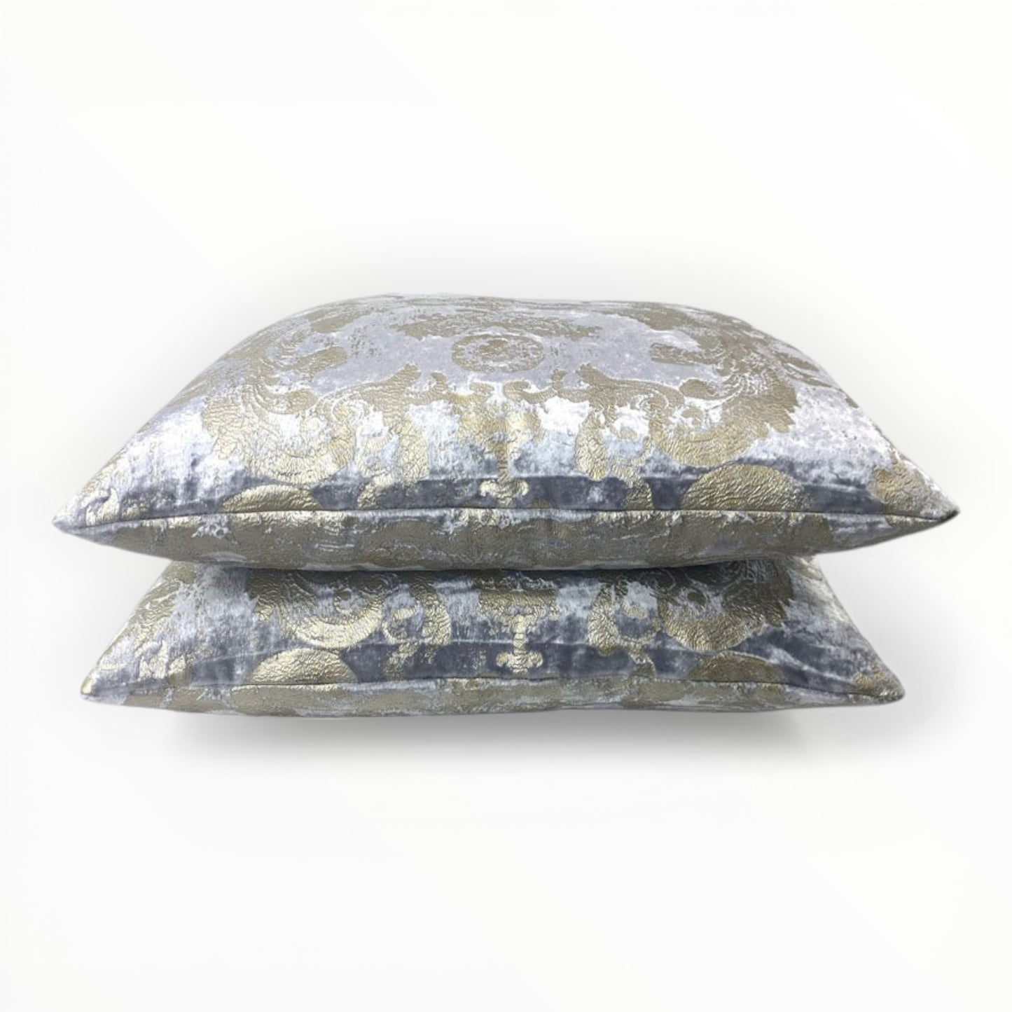 blue and gold damask throw pillow with classic woven pattern