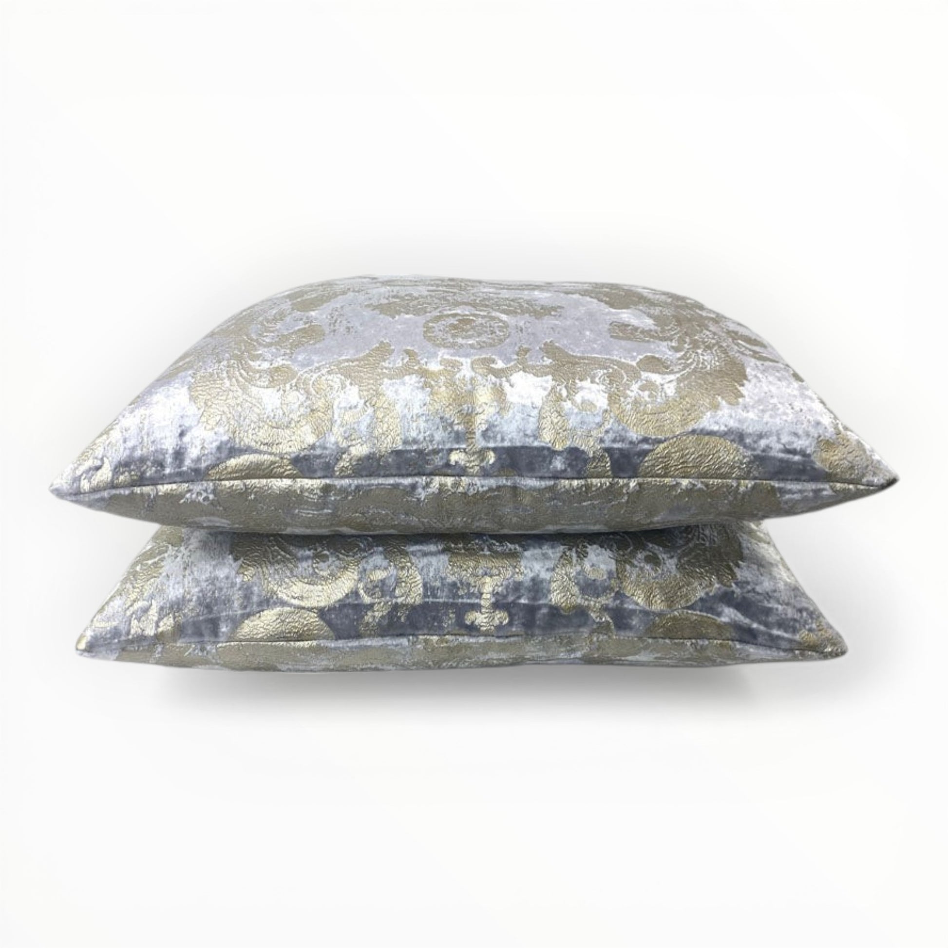 blue and gold damask throw pillow with classic woven pattern