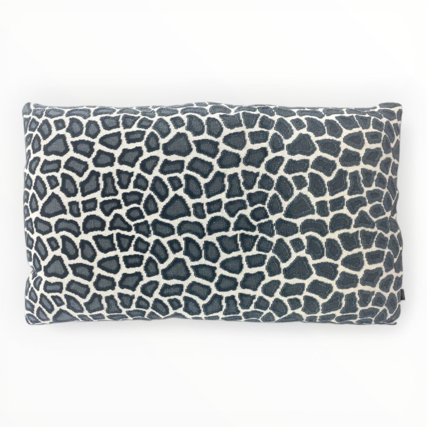 designer animal print throw pillow cover in slate blue tones on sofa