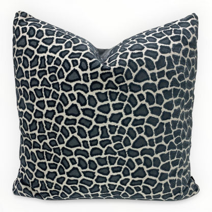 designer animal print throw pillow cover in slate blue on neutral sofa