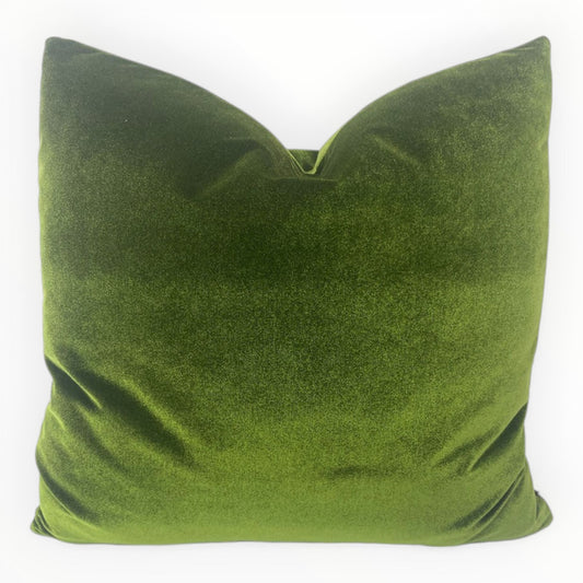 designer moss green velvet throw pillow cover on neutral sofa