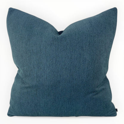 designer sea blue chevron weave throw pillow cover on neutral sofa