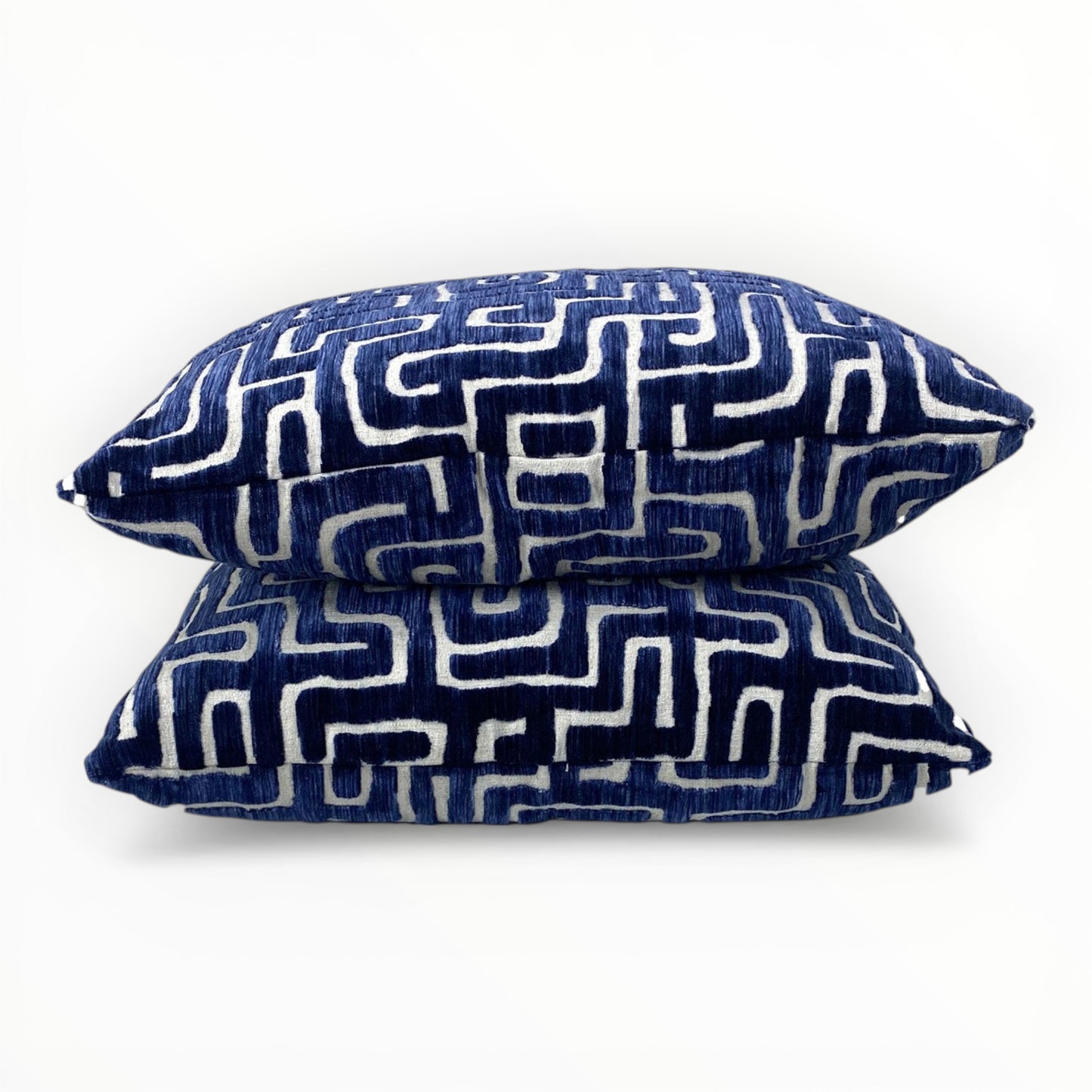 Fabricut Ebb & Flo fabric detail showing raised velvet pattern in indigo