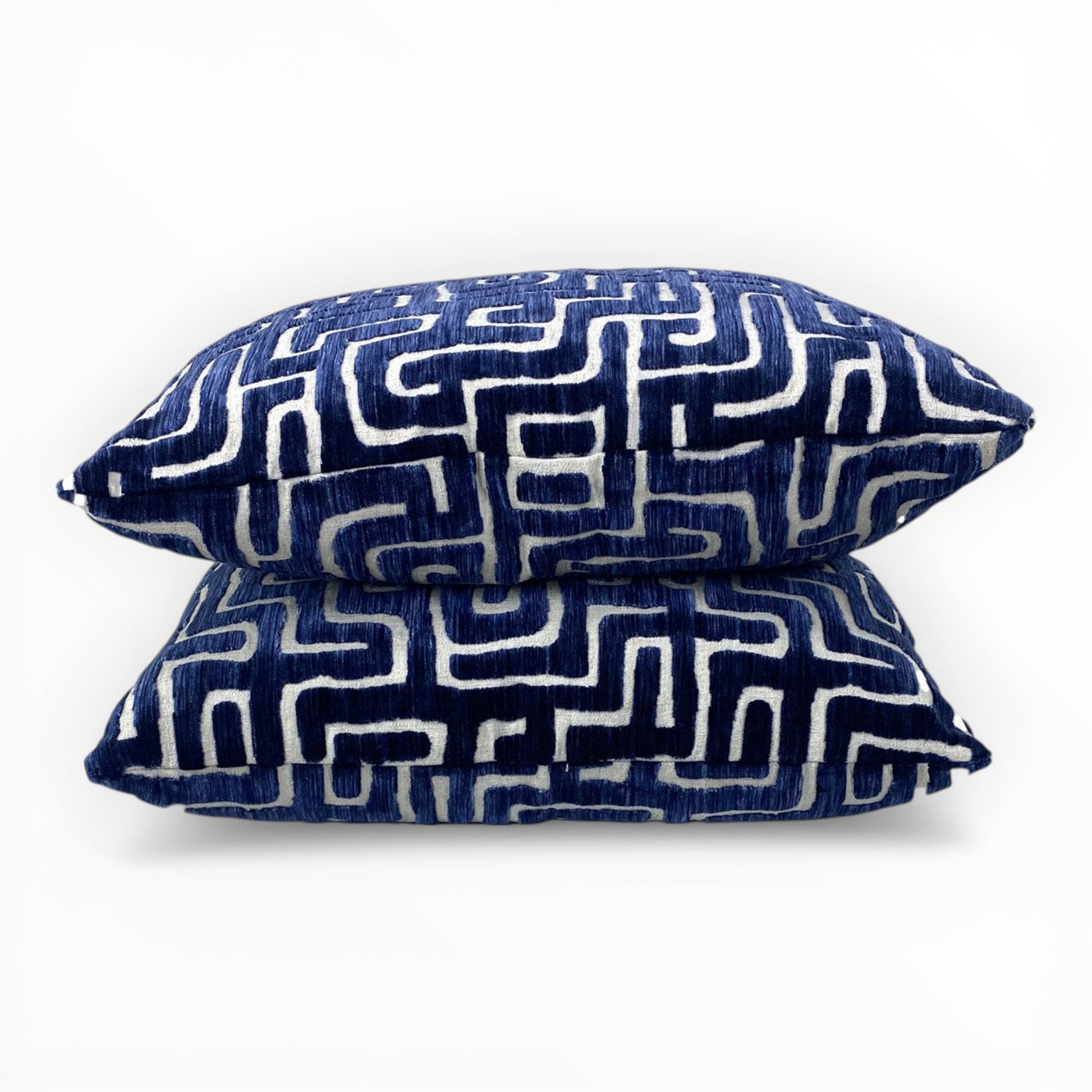 Fabricut Ebb & Flo fabric detail showing raised velvet pattern in indigo