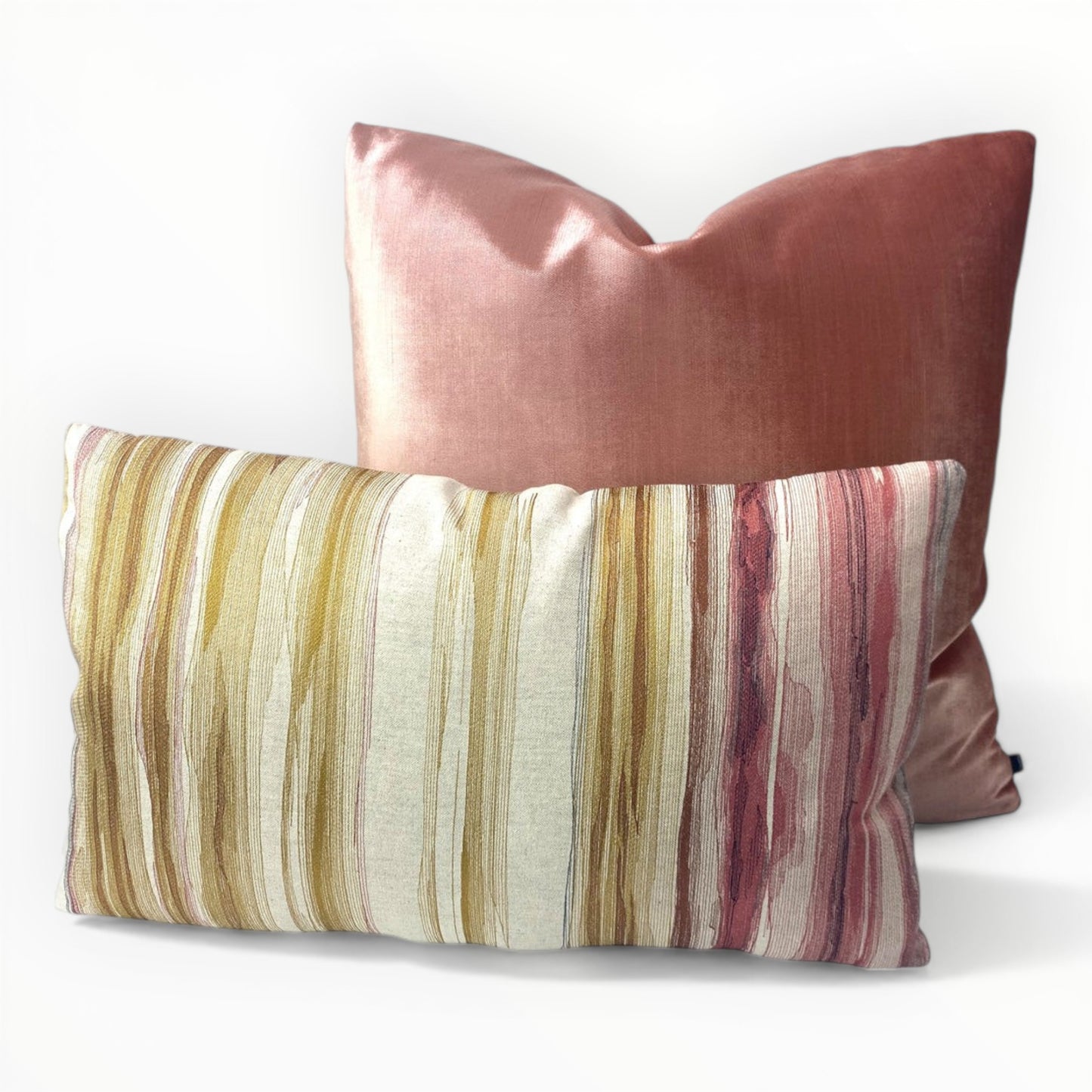 Egg & Dart True Horizons Sunset throw pillow paired with Decortex Glamour velvet in Coral