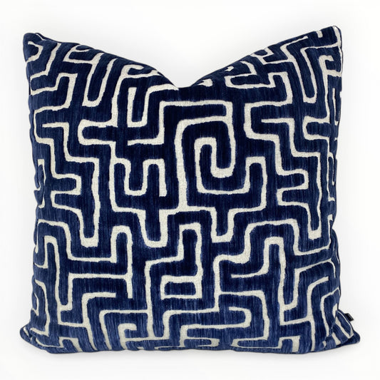 Fabricut Ebb & Flo indigo throw pillow cover on neutral sofa