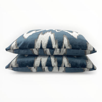 textured flamestitch velvet pillow in blue gray tones