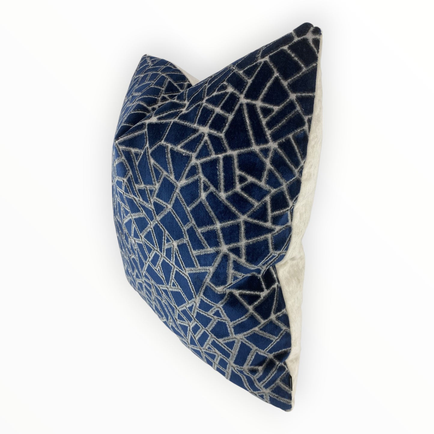 geometric mosaic velvet pillow in navy and grey tones with reverse in cream-toned velvet