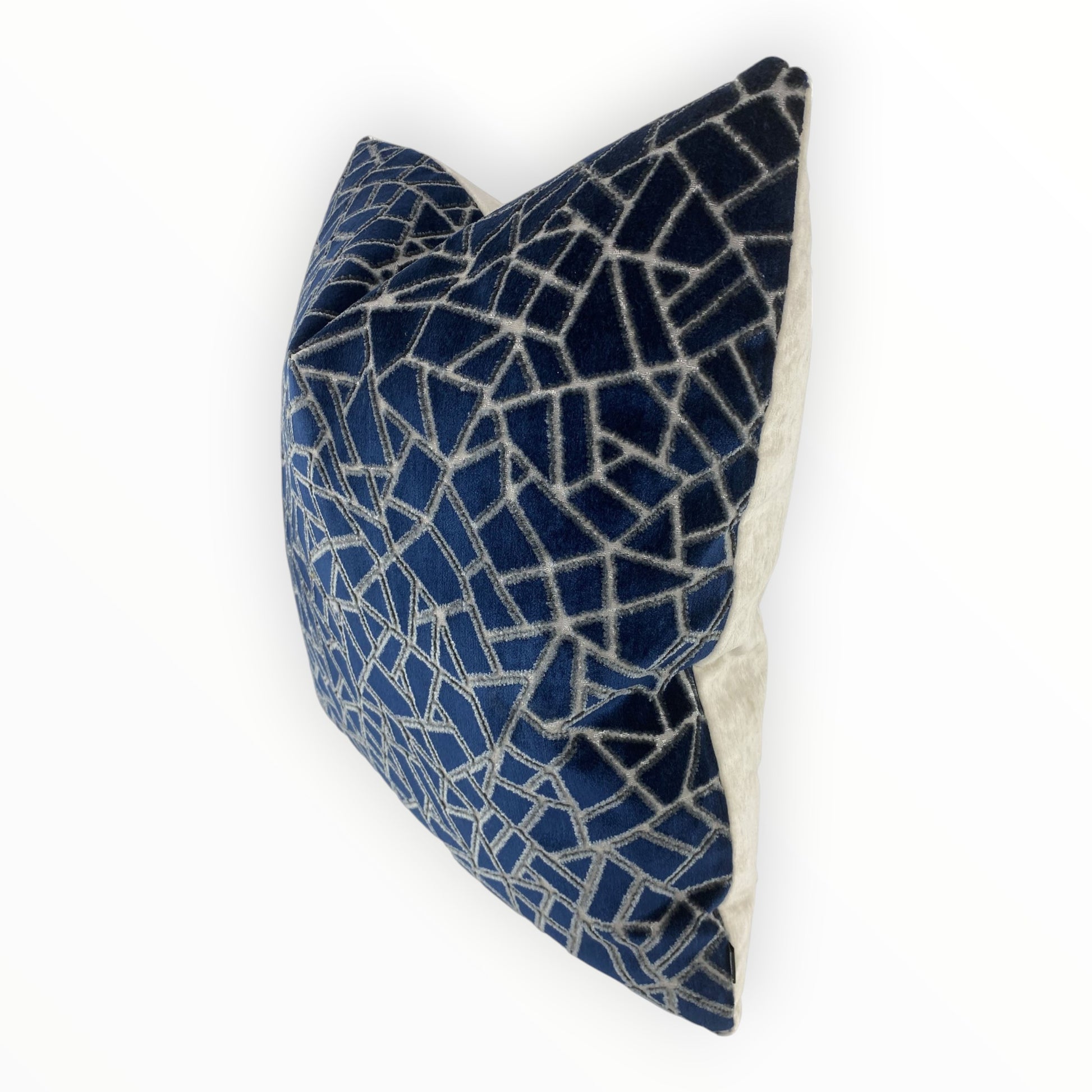 geometric mosaic velvet pillow in navy and grey tones with reverse in cream-toned velvet