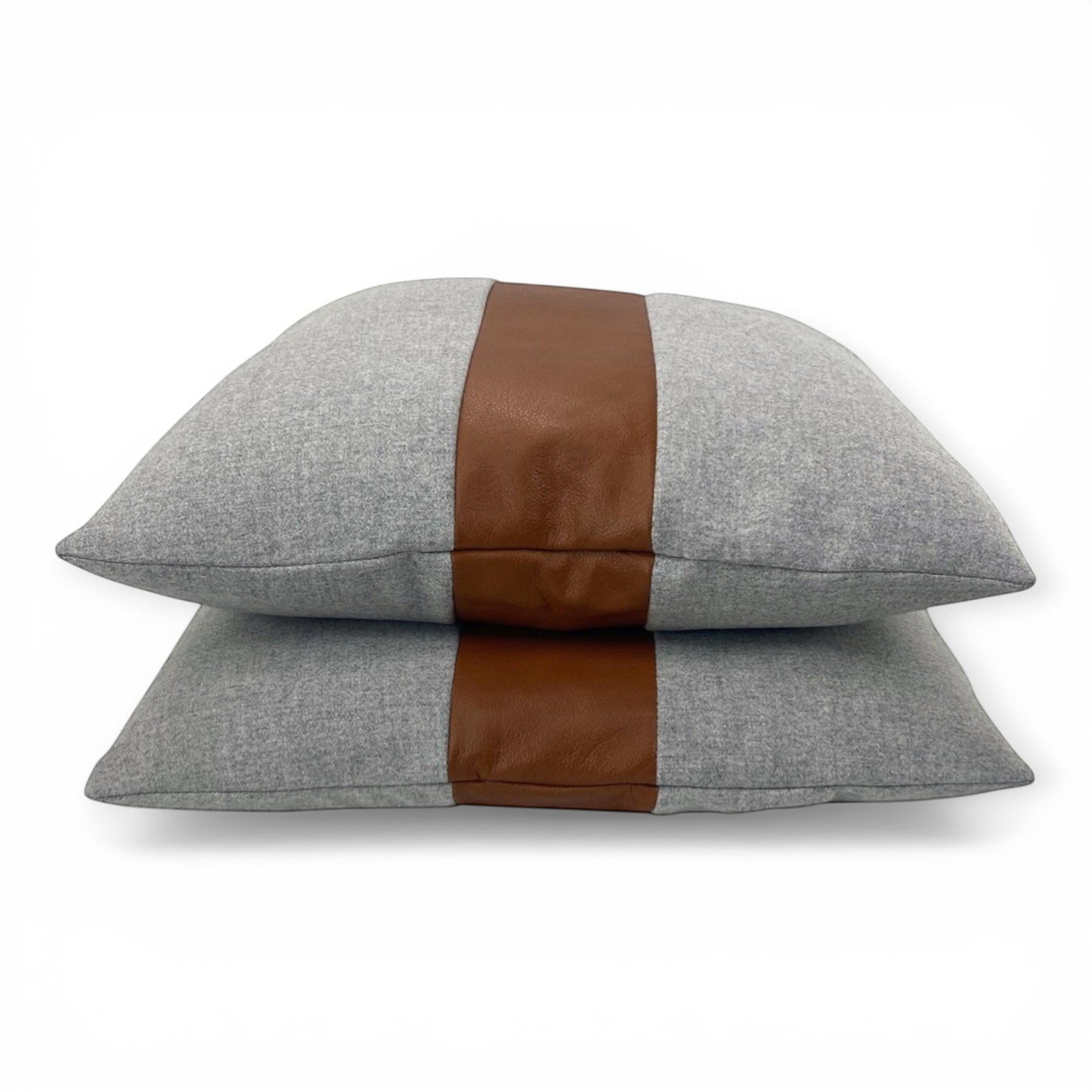 gray wool designer accent pillow with leather detail