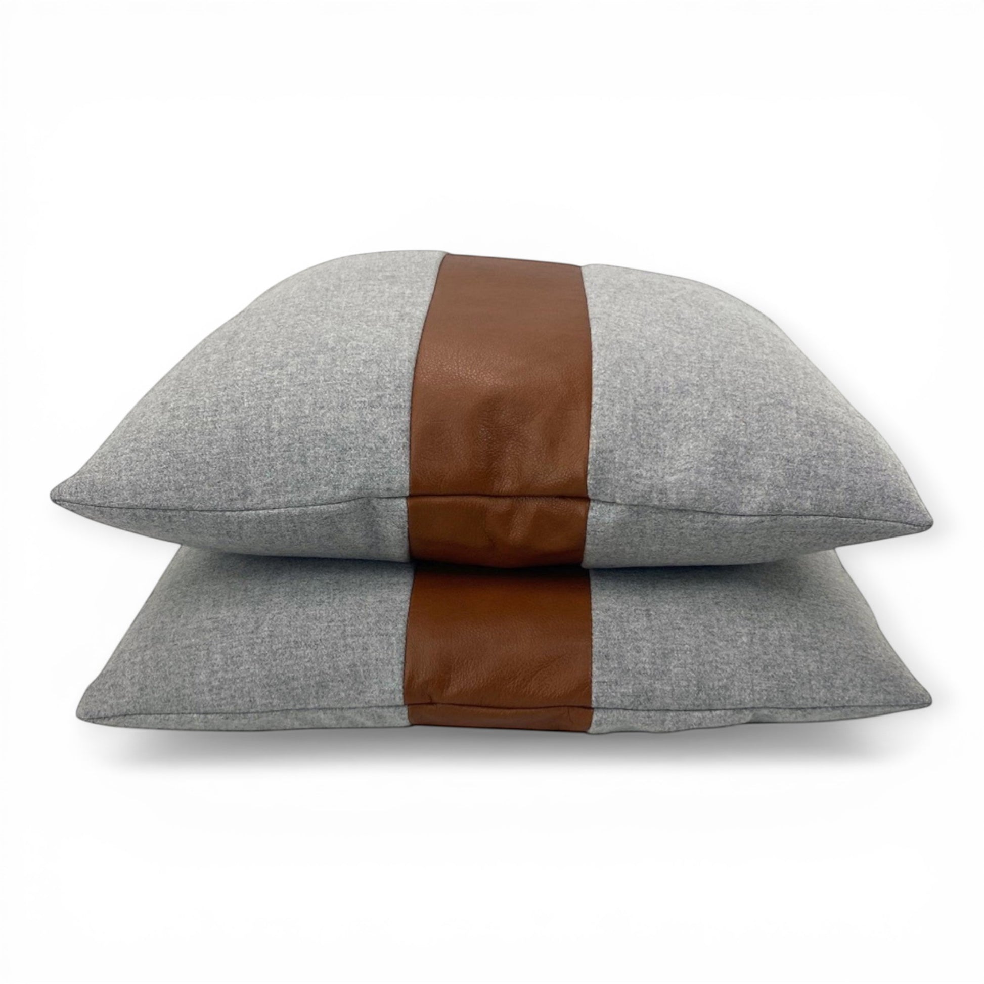 gray wool designer accent pillow with leather detail