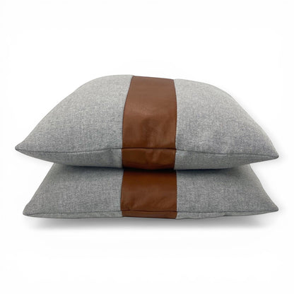 gray wool designer accent pillow with leather detail