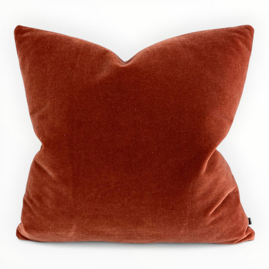 JB Martin Nevada mohair velvet throw pillow in Red Pepper on neutral sofa