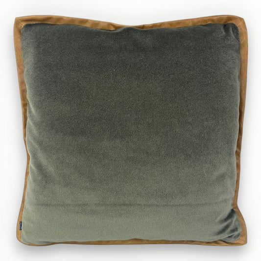 jb martin olive mohair velvet pillow with leather flange on sofa