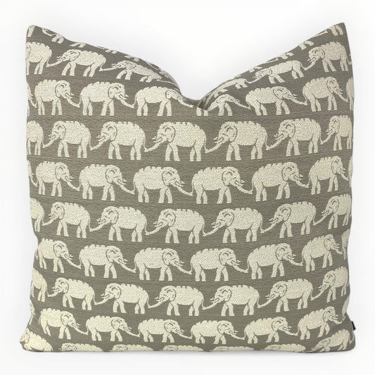 John Robshaw elephant throw pillow cover in sand on neutral sofa