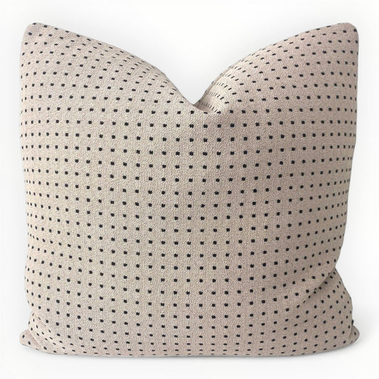 Lee Jofa Pixels throw pillow cover in bone and black on neutral sofa
 pillows