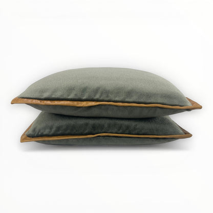 olive green velvet pillow with leather border detail