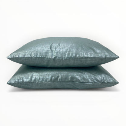 teal metallic linen throw pillow cover with subtle shimmer and texture