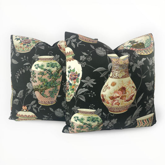 P Kaufmann Imperial Garden throw pillow cover in chestnut on neutral sofa