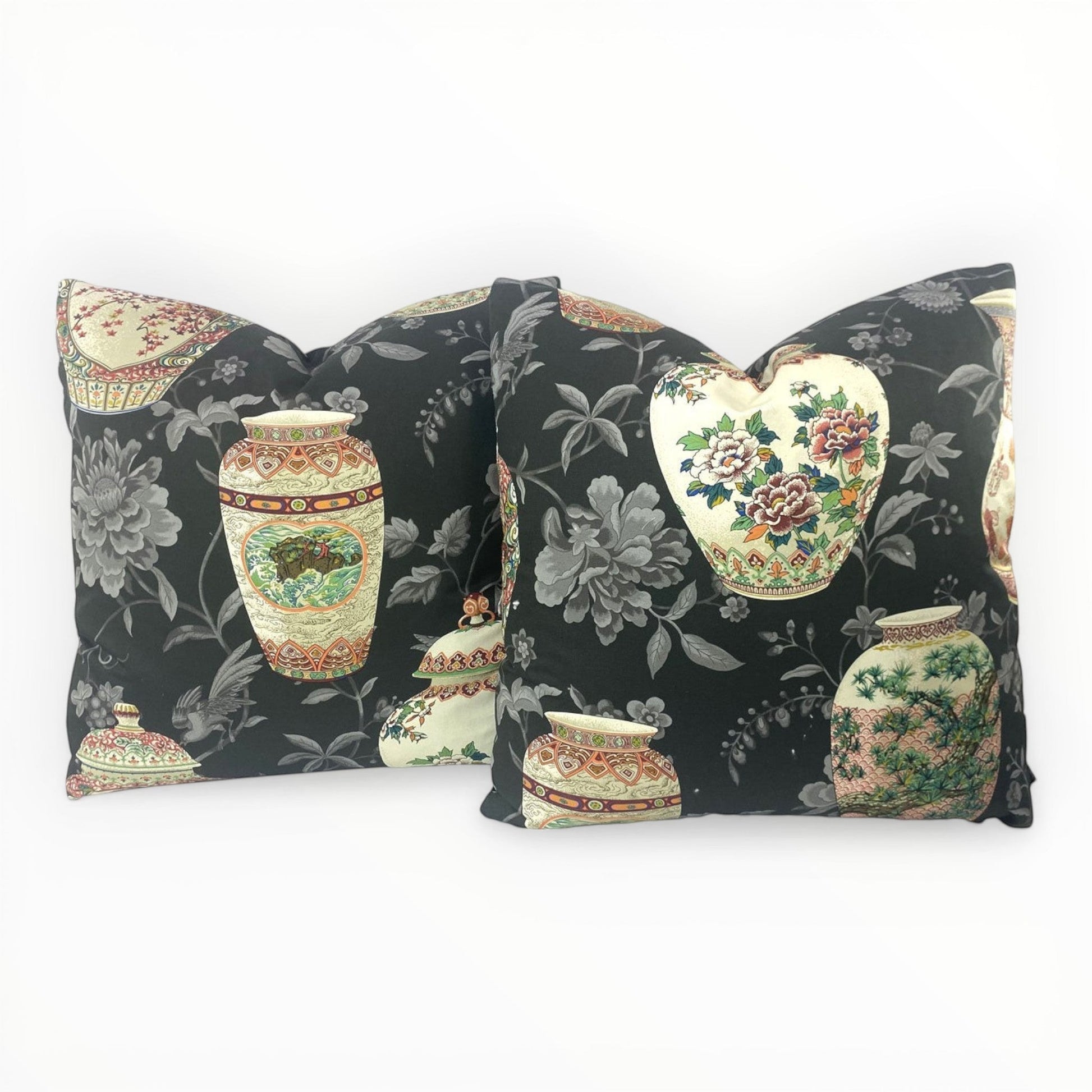 chinoiserie pattern throw pillows with vases and garden motif