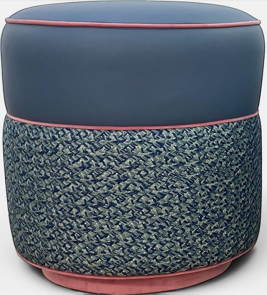 Pillowfina slate blue leather ottoman stool with peacock woven lacing and watermelon velvet welt trim.