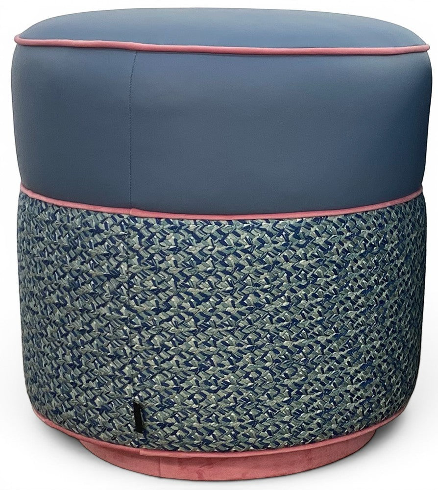 Pillowfina Leather & Lacing ottoman stool in slate blue leather, peacock woven fabric, and watermelon velvet trim.