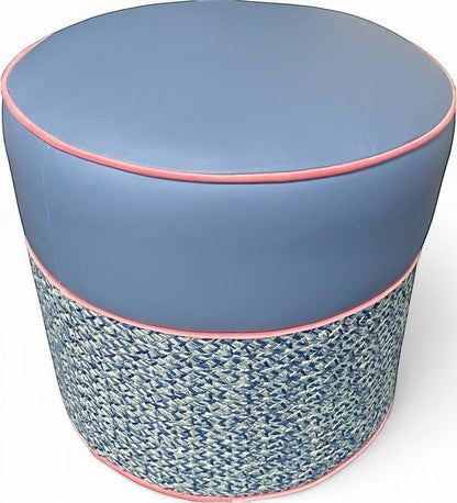 Pillowfina slate blue leather ottoman stool with peacock woven lacing and watermelon velvet welt trim.