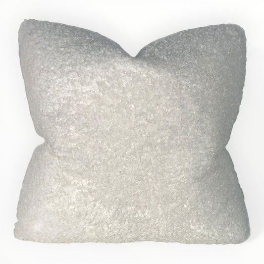 Pillowfina Marshmallow white bouclé pillow cover with a curly, textured shearling-like finish.