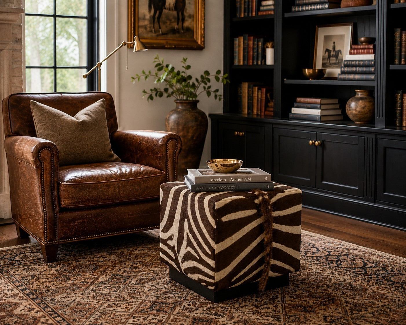 Pillowfina handcrafted vintage zebra hide cube ottoman styled in a luxury library with a brown leather armchair.