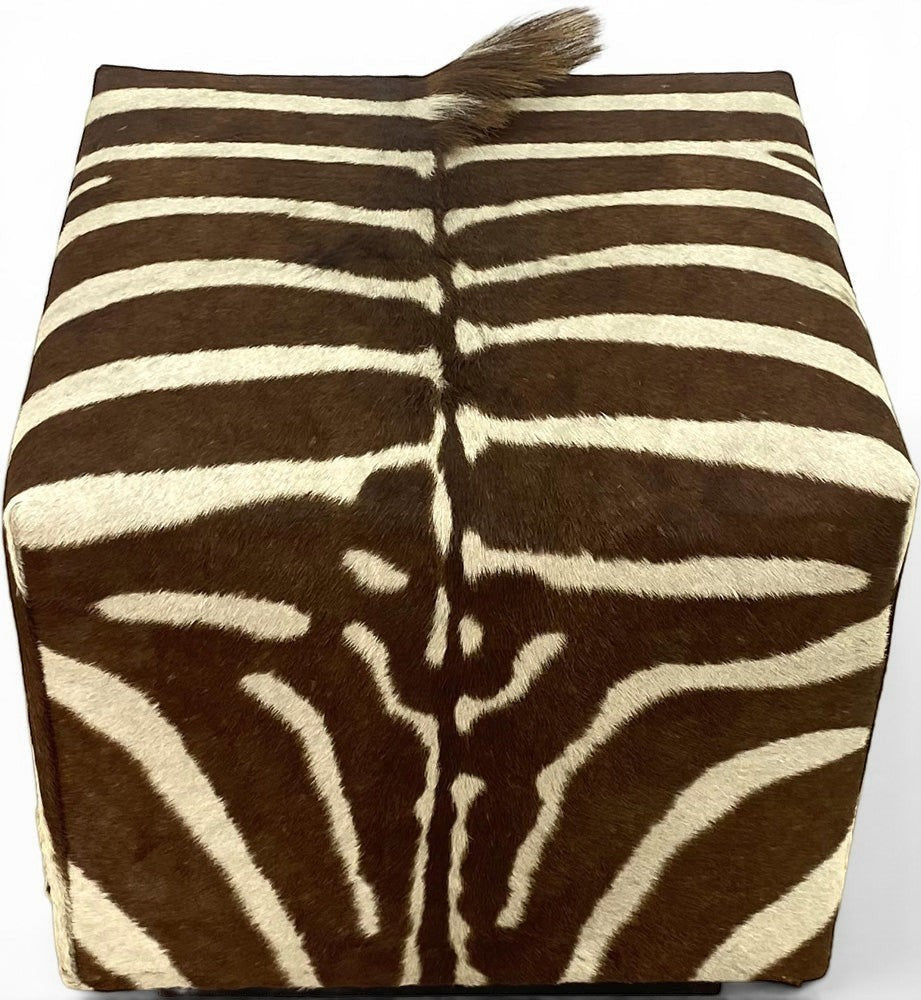 Pillowfina vintage zebra hide cube ottoman with natural brown and cream striped fur pattern, handcrafted in the USA.