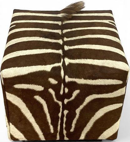 Pillowfina vintage zebra hide cube ottoman with natural brown and cream striped fur pattern, handcrafted in the USA.