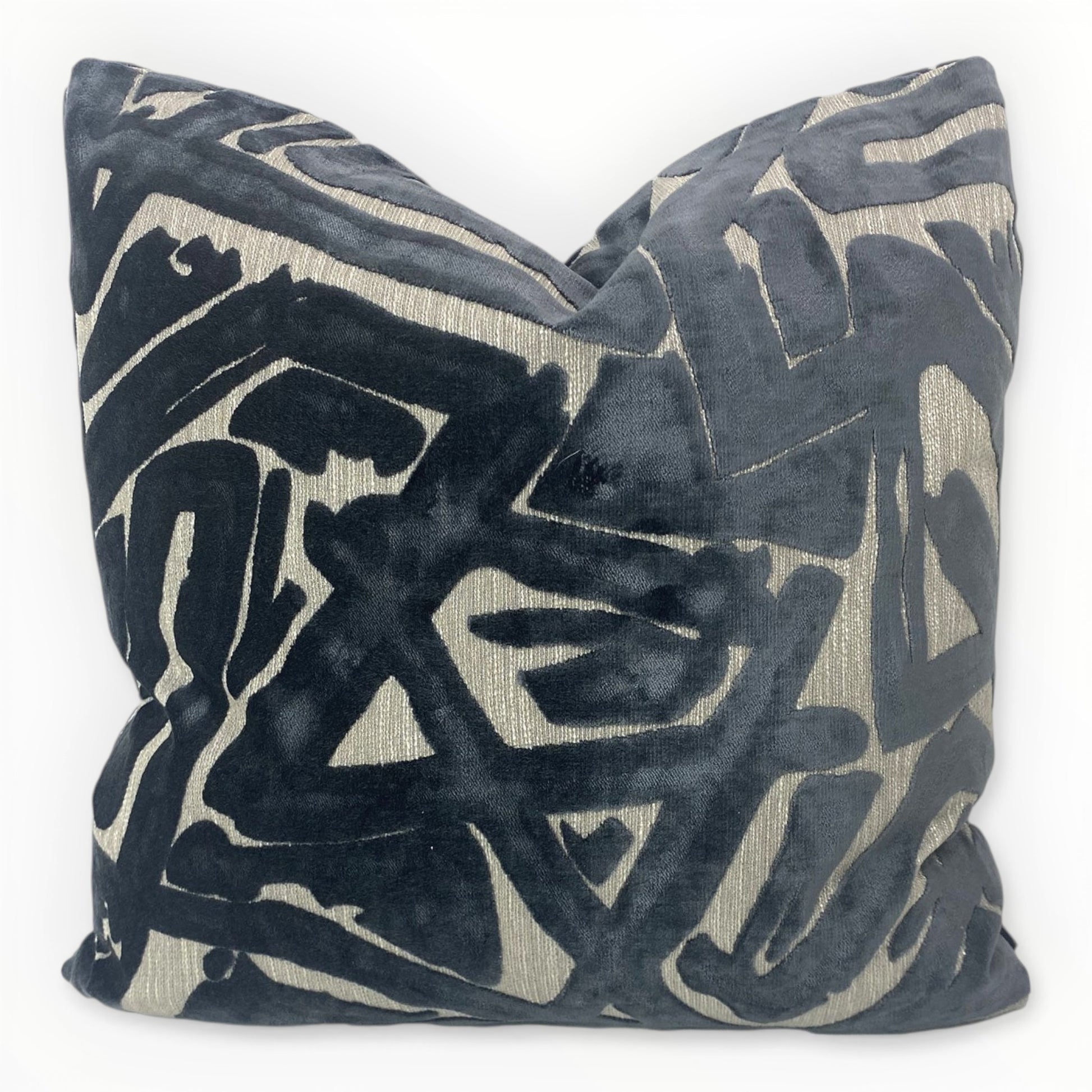S Harris Depiction mirrored velvet throw pillow cover in slate on neutral sofa