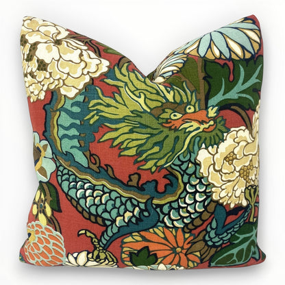 Schumacher chiang mai dragon throw pillow cover on sofa