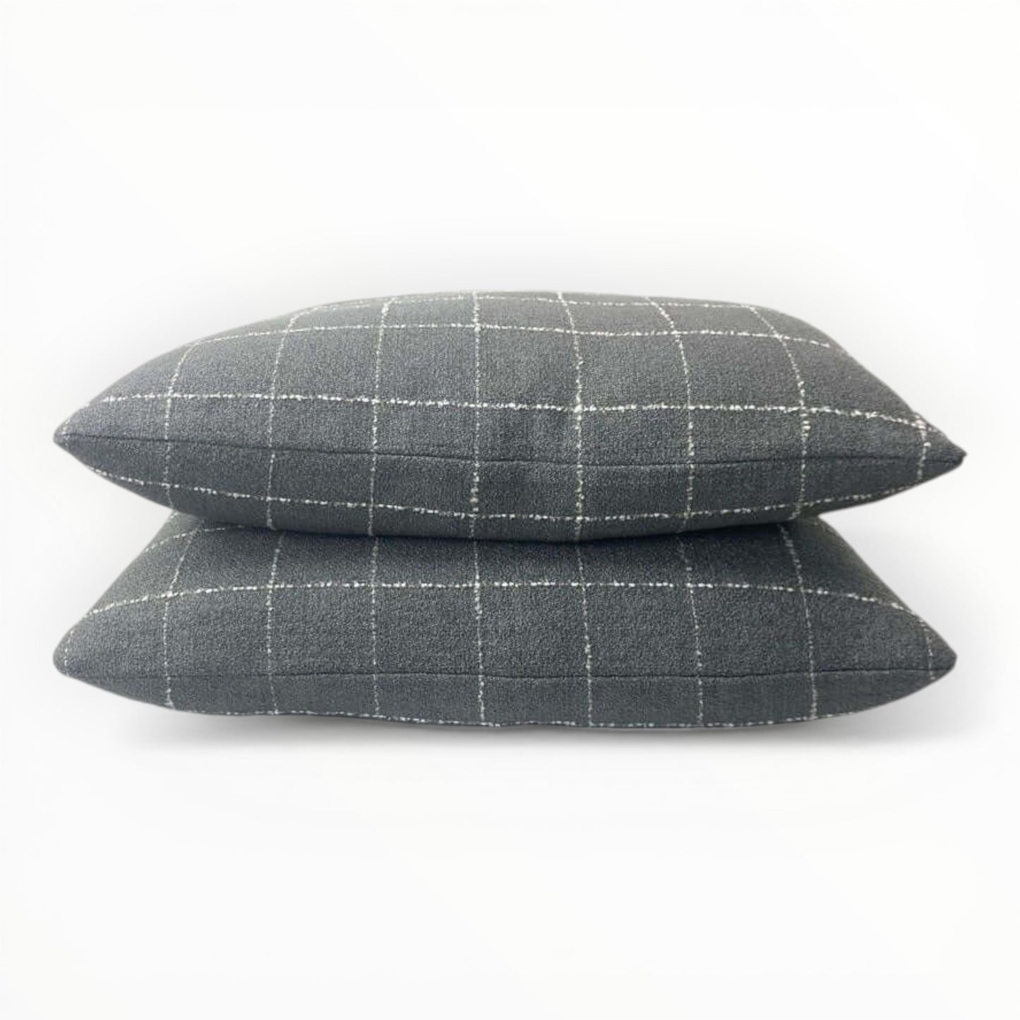 woven fabric detail showing windowpane grid pattern in slate tones